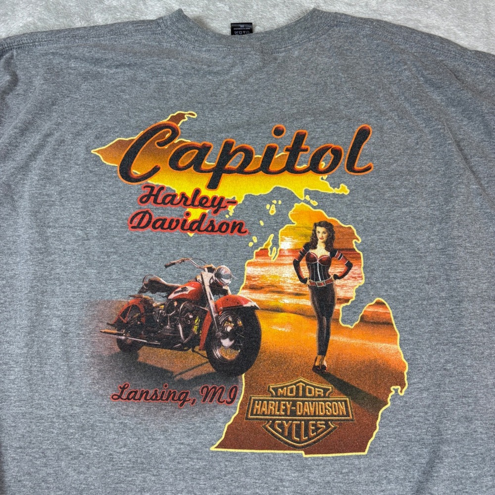 Harley-Davidson Shirt Mens 2XL Capitol Lansing Michigan Willie G Skull Gray Tee
